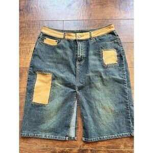 Y2K Fubu Vintage Mini Denim Leather Patch Work Pencil Skirt Size 9/10